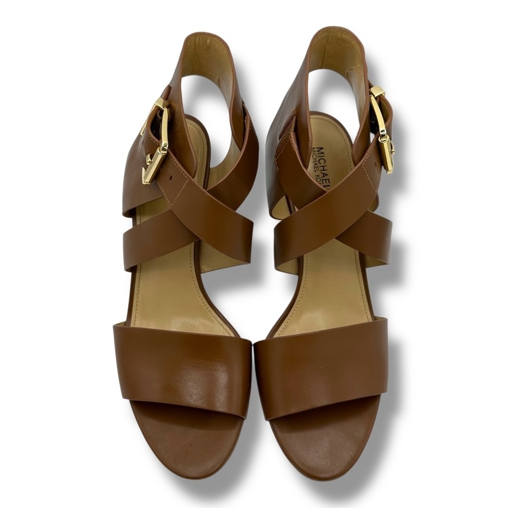 Michael Kors Womens Luggage Tan Leather Adriana Wedge Sandals Gold Buckle Sz 9.5 - Picture 11 of 16